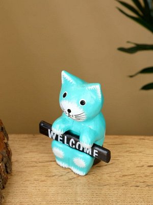 Сувенир «Кот с табличкой WELCOME», 8x4x10 см, дерево, бирюзовый