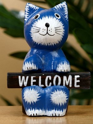 Сувенир «Кот с табличкой WELCOME», 8x4x10 см, дерево, синий