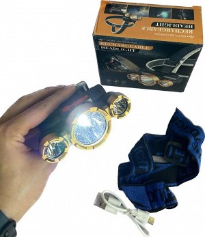 Фонарик налобный на резинке, USB зарядка, 4 режима