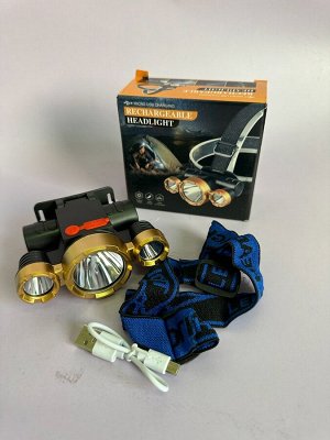 Фонарик налобный на резинке, USB зарядка, 4 режима