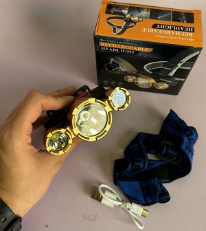 Фонарик налобный на резинке, USB зарядка, 4 режима