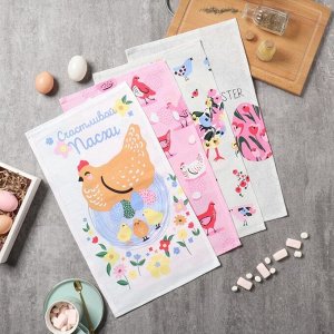 Набор кухонных полотенец «Доляна. Счастливой пасхи», 4 шт., 28x46 см, 100% хлопок, рогожка 160 г/м²
