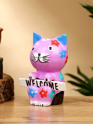 Сувенир «Кот с табличкой WELCOME», 8x5x10 см, дерево, сиреневый
