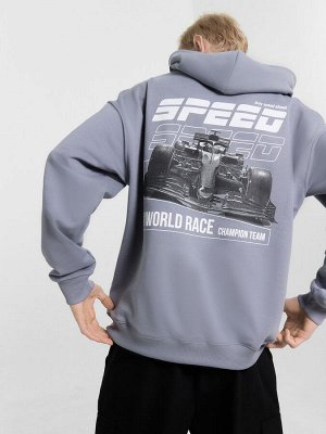 Худи мужское серое с принтом и надписью "world race"