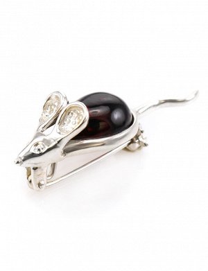 Милая брошь из серебра с натуральным янтарём вишнёвого цвета «Мышь», 607910031