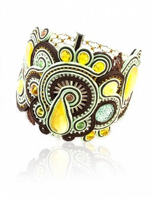 Стильный плетёный браслет со вставками из натурального медового янтаря «Индия», 6052203116