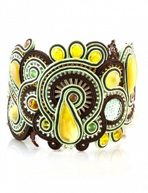 Стильный плетёный браслет со вставками из натурального медового янтаря «Индия», 6052203116
