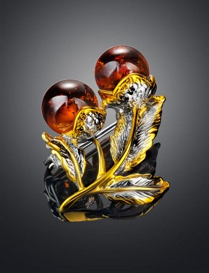 Нарядная брошь из позолоченного серебра и натурального янтаря коньячного цвета «Рябина», 907905097