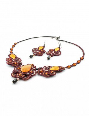 Ажурные крупные серьги с элементами плетения и вставками из натурального медового янтаря «Индия», 508304476