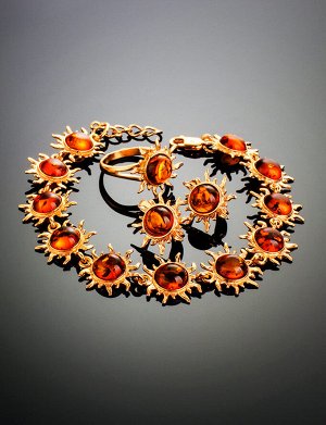 Очаровательный кулон «Гелиос» с янтарём коньячного цвета в позолоченном серебре, 910205188