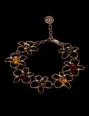 Очаровательный яркий браслет из золочённого серебра с янтарём «Ромашка», 707707018
