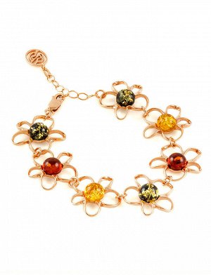 Очаровательный яркий браслет из золочённого серебра с янтарём «Ромашка», 707707018