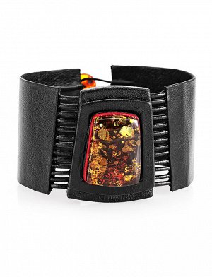 Широкий стильный браслет из натуральной кожи с вставкой из искрящегося янтаря «Амазонка», 805010148