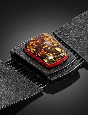 Широкий стильный браслет из натуральной кожи с вставкой из искрящегося янтаря «Амазонка», 805010148