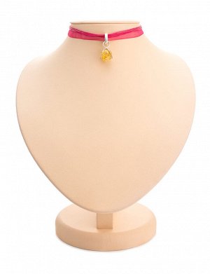 Ярко-розовый чокер с подвеской из серебра и янтаря «Валенсия», 810411230