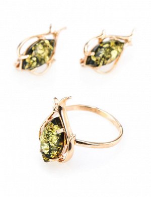 Нарядное золотое кольцо со вставкой из натурального зелёного янтаря «Тюльпан», 606208160