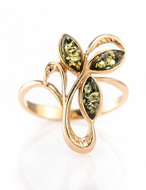 Роскошное золотое кольцо с натуральным балтийским зелёным янтарём «Райская птица», 606206464