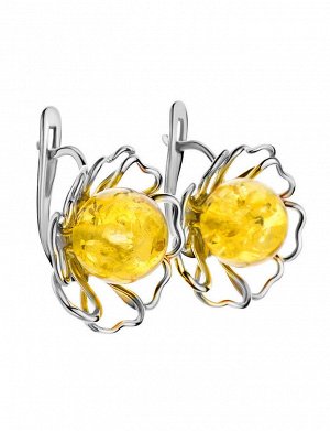 Ажурные серьги «Ромашка» из серебра, украшенные лимонным янтарём, 806507159