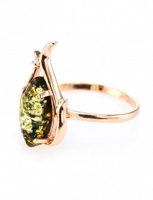 Нарядное золотое кольцо со вставкой из натурального зелёного янтаря «Тюльпан», 606208160
