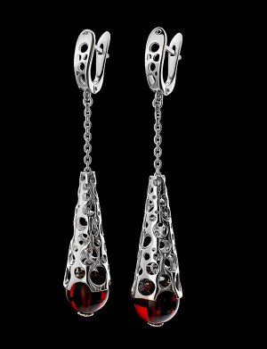 Яркие длинные серьги из серебра с натуральным янтарём вишнёвого цвета «Женева», 806507088