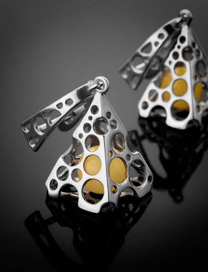 Серьги геометрической формы из серебра и натурального янтаря медового цвета «Женева», 806507075