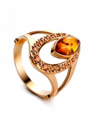 Женственное золотое кольцо «Ренессанс», украшенное янтарём и фианитами, 806211011