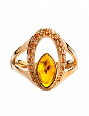 Женственное золотое кольцо «Ренессанс», украшенное янтарём и фианитами, 806211011