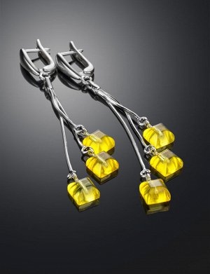 Изысканные удлинённые серьги «Овация» из серебра и натурального янтаря лимонного цвета, 906508724