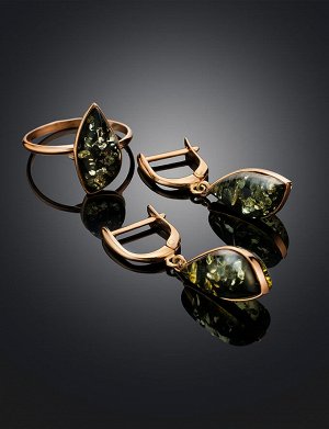 Красивое золотое кольцо с искрящимся зелёным янтарём «Лагуна», 906201107