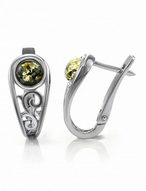 Серебряные серьги с натуральным янтарём зелёного цвета «Шахерезада», 706507032