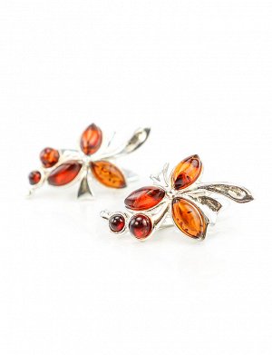 Нарядные серебряные серьги с вставками из натурального вишневого янтаря «Орхидея», 5065210230