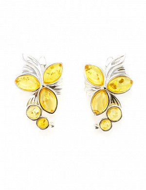 Роскошные серебряные серьги с вставками сверкающего лимонного янтаря «Орхидея», 5065211272
