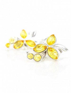 Роскошные серебряные серьги с вставками сверкающего лимонного янтаря «Орхидея», 5065211272