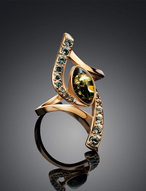 Изысканное золотое кольцо «Ренессанс» с зелёным янтарём, 906201153