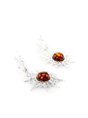 Роскошные серьги «Гелиос» из серебра со вставкой вишневого янтаря, 506510247