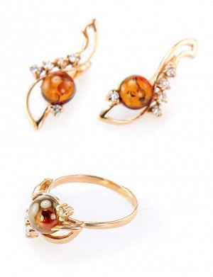 Изящное нарядное кольцо из золота, украшенное натуральным янтарём и цирконами «Ноктюрн», 706206370
