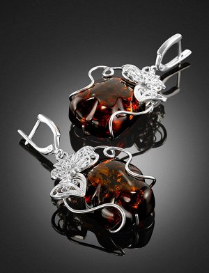 Крупные нарядные серьги из натурального сверкающего янтаря вишнёвого цвета в серебре «Филигрань», 906507676