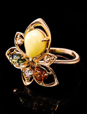 Роскошное золотое кольцо с фианитами и натуральным янтарём «Эдельвейс», 606208156