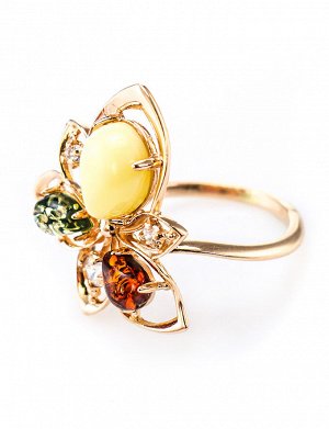 Роскошное золотое кольцо с фианитами и натуральным янтарём «Эдельвейс», 606208156