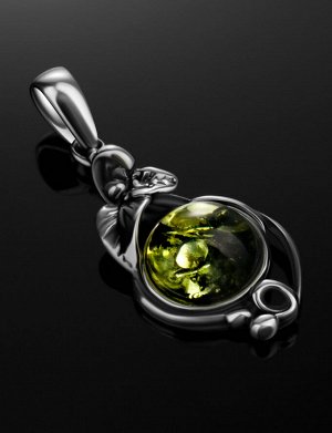 Изысканный кулон из чернённого серебра с зелёным янтарём «Сильвия», 901704573