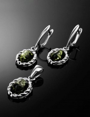 Серьги овальной формы из серебра с зелёным янтарём «Флоренция», 906507014