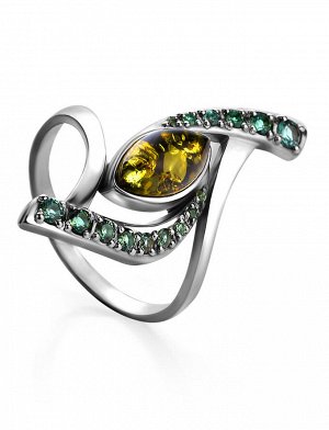 Утончённое кольцо из серебра и натурального янтаря зелёного цвета «Ренессанс»