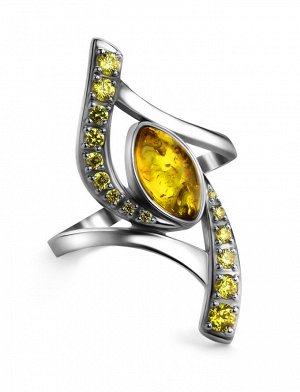 Изящное серебряное кольцо с лимонным янтарём и фианитами «Ренессанс», 806307035