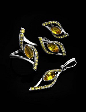 Изящное серебряное кольцо с лимонным янтарём и фианитами «Ренессанс», 806307035
