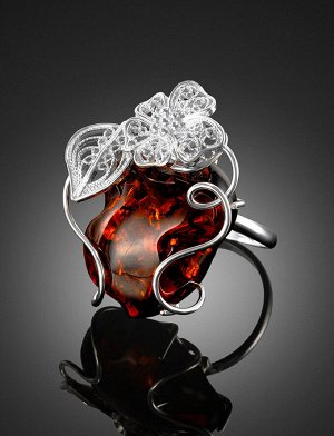 Крупное кольцо «Филигрань» из серебра и натурального янтаря вишнёвого цвета, 906307673