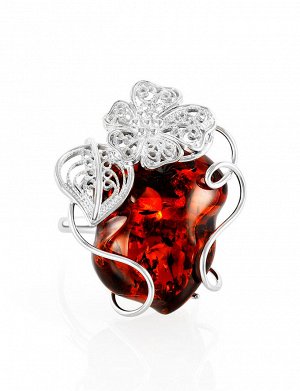 Крупное кольцо «Филигрань» из серебра и натурального янтаря вишнёвого цвета, 906307673
