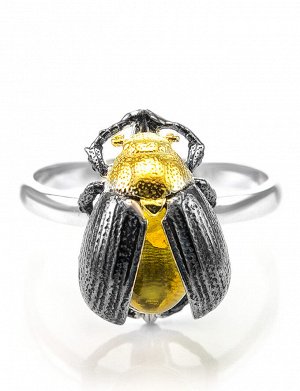 Необычное кольцо из серебра и натурального балтийского янтаря лимонного цвета «Скарабей», 706305113