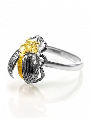 Необычное кольцо из серебра и натурального балтийского янтаря лимонного цвета «Скарабей», 706305113