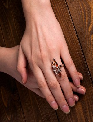 Серебряное кольцо с янтарными вставками вишневого цвета «Черёмуха», 506311288