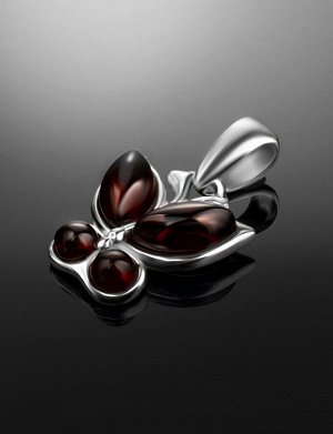 Небольшой кулон в виде бабочки из серебра и вишнёвого янтаря «Апрель», 911904528